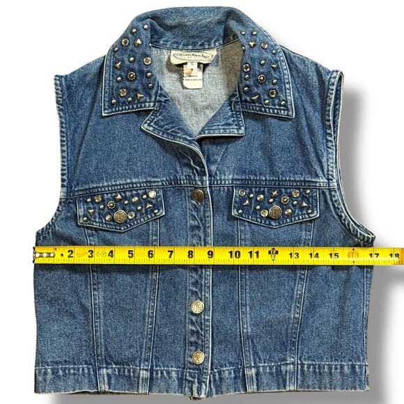 VTG Y2K Metal Studded Bedazzled Rhinestone Crop Blue Denim Jean Vest Size Small - Picture 7 of 11